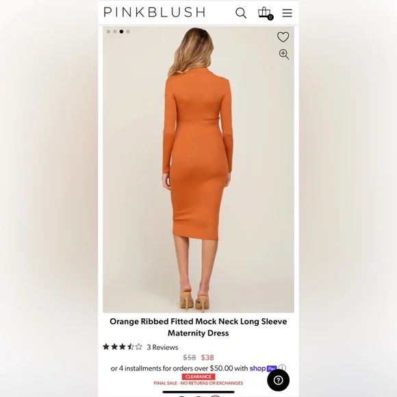 Pink Blush Orange Ribbed Fitted Mock Neck Long Sleeve Maternity Dress - Picture 4 of 5